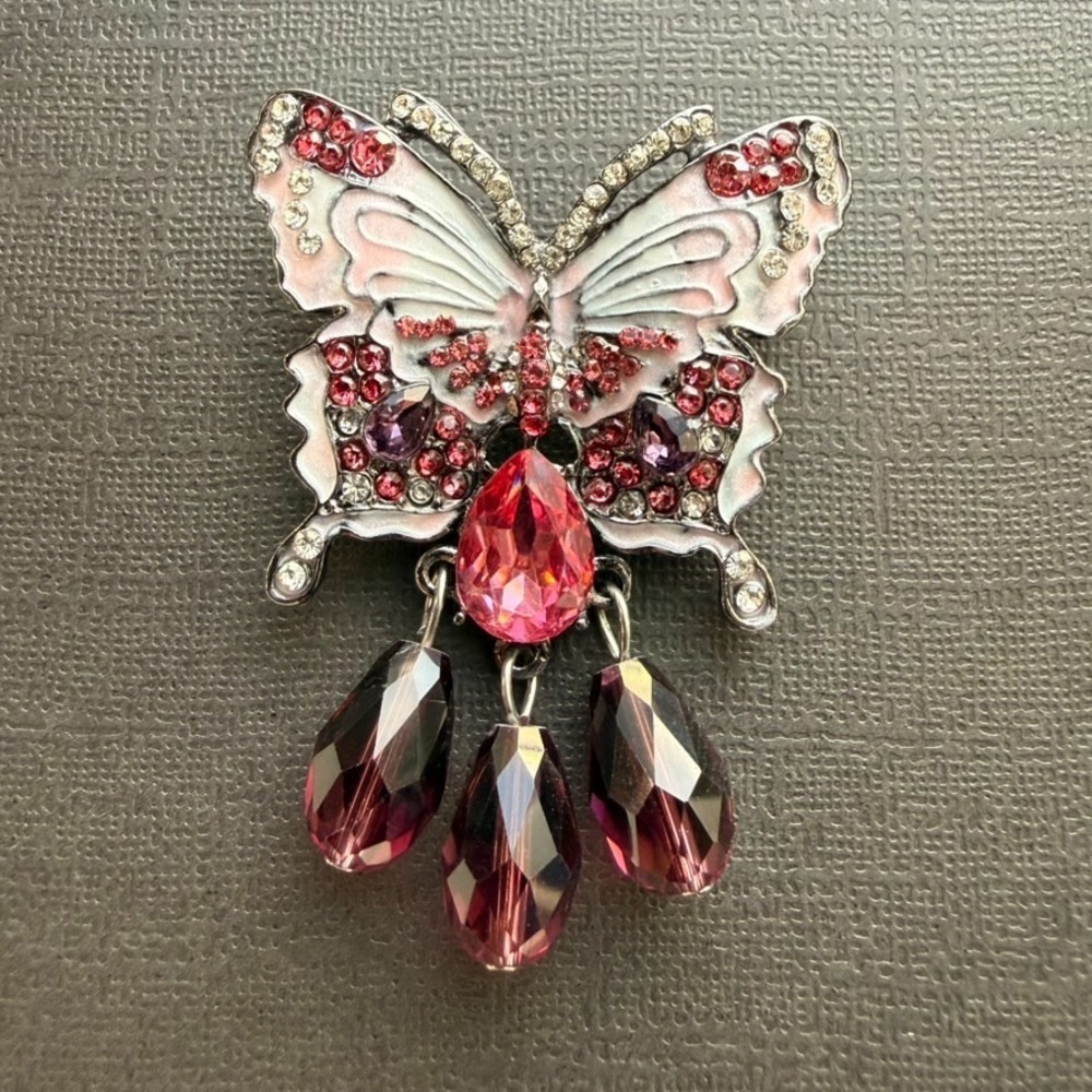 Pink Purple Dangle Butterfly Brooch Rhinestone Enamel Teardrop Silver Tone Pin